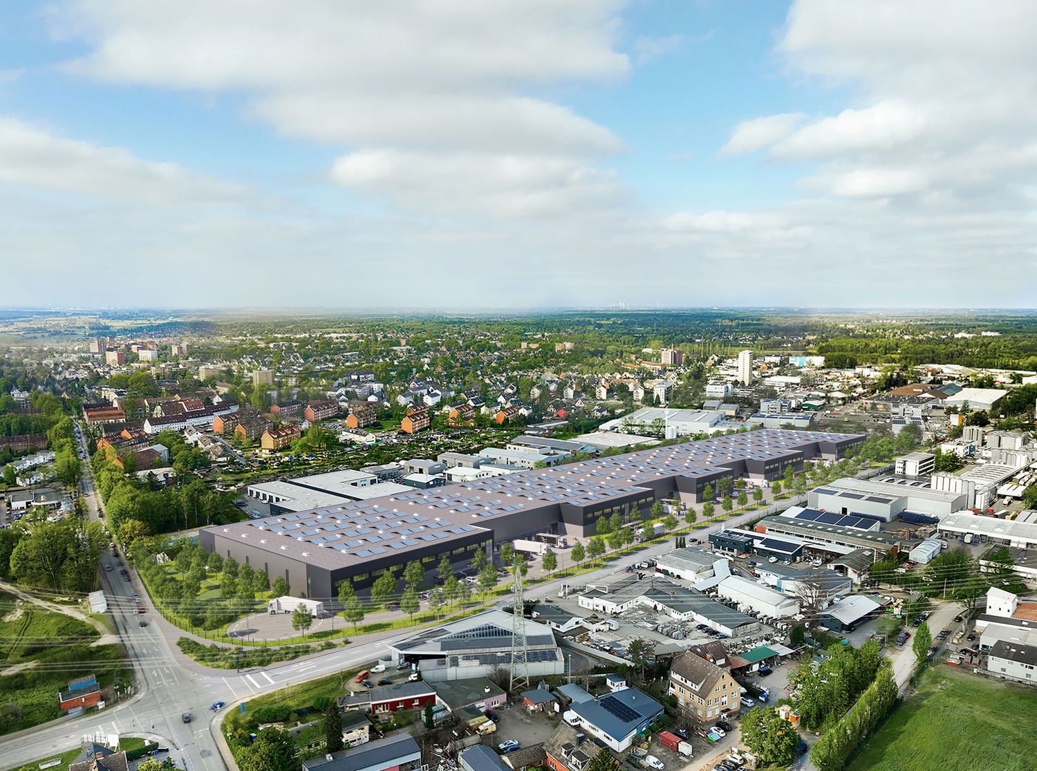 Die Visualisierungen zeigen das Logistikprojekt „ELBDOX“ mit der Adresse Industriestraße 60 in 22880 Wedel in der Metropolregion Hamburg bei Fertigstellung Mitte 2027. Bildrechte: thirteen seven